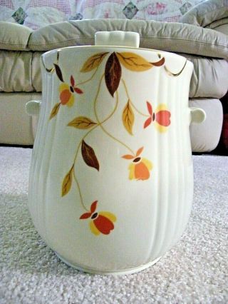 Vintage 8 3/4 " Tall Hall China Jewel Tea Autumn Leaf Cookie Jar W/ Gold Trim Euc