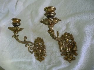 Vintage Pair Large French Brass Candle Sconces Wall Mounted Articulated Arms Old