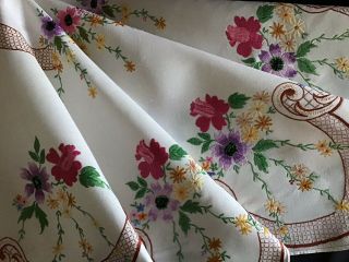 Stunning Vintage Linen Hand Embroidered Tablecloth Roses,  Anemones & Daisies