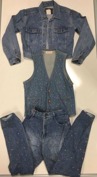Vintage 80’s Bedazzled Denim 3 Piece Jacket (s),  Vest (s),  And Jeans Sz 6