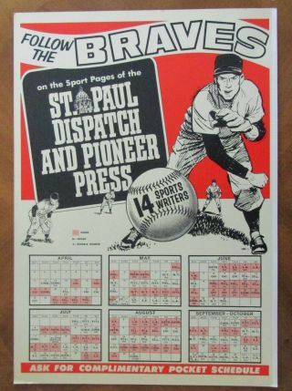 Vintage Milwaukee Braves Poster St Paul Dispatch Pioneer Press Schedule
