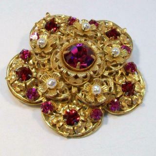 Signed Miriam Haskell Vtg Fuchsia Pink Rhinestone And Faux Pearl Flower Pin