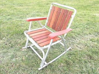 Vintage Rocking Aluminum Folding Lawn Chair,  Plastic Arms,  Redwood Seat / Back