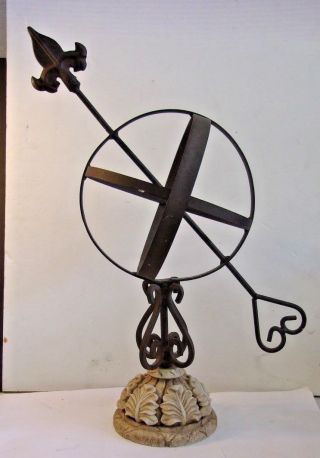 Vintage Cast Iron Figural Armillary Sphere With Stone Base 15 1/2 " Tall