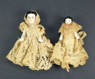 2 Antique Frozen Charlotte Porcelain Dolls W/ Clothes 1860s - 1870s