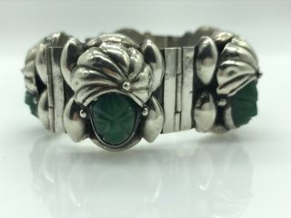 Vintage Mexican Sterling Silver Carved Green Onyx Face Bracelet 7 "