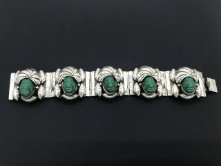 Vintage Mexican Sterling Silver Carved Green Onyx Face Bracelet 7 