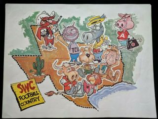 Vintage 1969 Swc Football Poster Dirk West Cartoon Mascots Southwest Conference