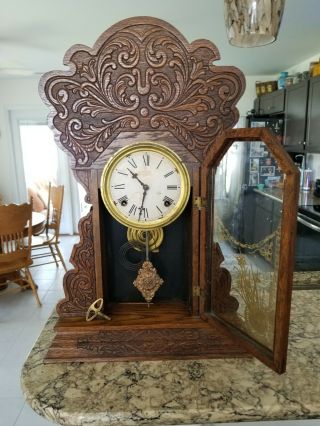 SESSIONS GINGERBREAD VINTAGE KITCHEN MANTLE CLOCK WITH KEY 1900 ' s 3