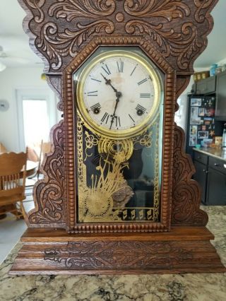 SESSIONS GINGERBREAD VINTAGE KITCHEN MANTLE CLOCK WITH KEY 1900 ' s 4