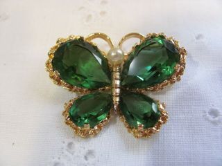 Gorgeous Vintage Panetta Gold Tone Emerald Green Rhinestone Butterfly Brooch