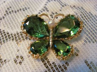 Gorgeous Vintage Panetta Gold Tone Emerald Green Rhinestone Butterfly Brooch 2