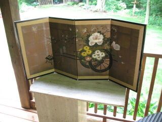 Vintage C.  1920 - 1960s Japanese Byobu 4 - Panel Painted Screen Flower Cart Signed