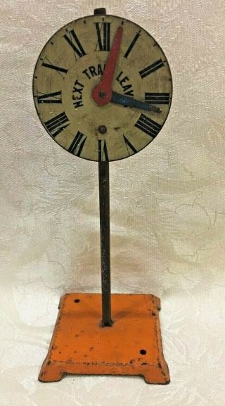 Railroad Depot Clock Next Train Leaves Sign Vintage Metal Red And Blue Hands