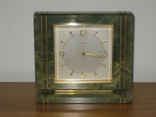 Vintage Imhof Green Onyx Art Deco 8 Day Swiss Made Mantle Clock