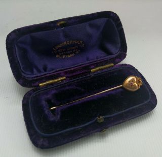 Vtg C1900 Victorian 9ct 9k Rose Gold Garnet Heart Stick Tie Stock Pin & Box Case