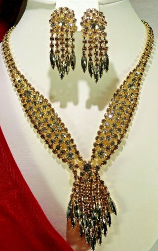 Vtg Hobe?weiss? Smoke/golden Topaz Rs " Givre " Dangle Tassel Necklace Earring Set