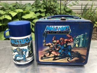 Motu Masters Of Universe He Man 1983 Lunch Box Metal Thermos Aladdin Vtg Mattel
