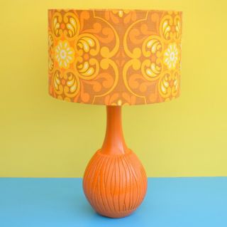 Vintage 1960s Orange Plaster Table Lamp - Yellow & Orange Swirl Shade Retro
