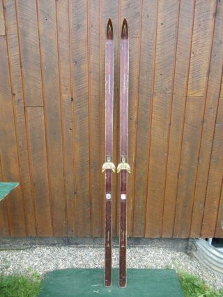Vintage Wooden 81 " Skis Brown Finish,  Bindings Set
