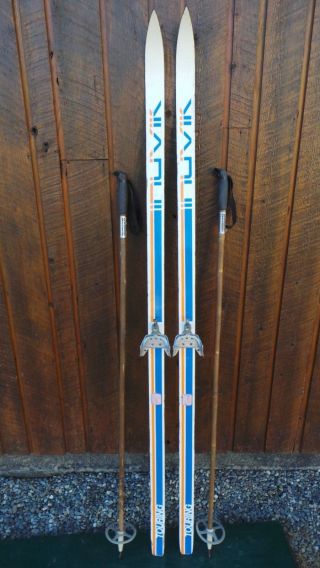Vintage Wooden 72 " Long Skis White And Blue Finish Signed Inuvik,  Poles