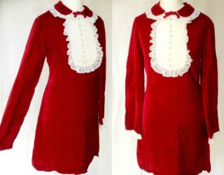 Vintage 60s 70s Mod Psych Red Velvet Peter Pan Collar Lace Mini Dress S Uk 8 10