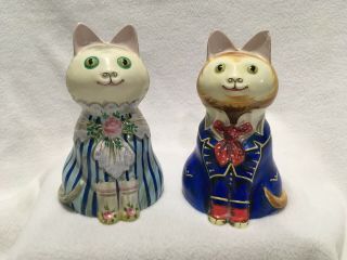 Vintage Mottahedeh Design Italy Ceramic Victorian Cat Couple Figurine Set Rare