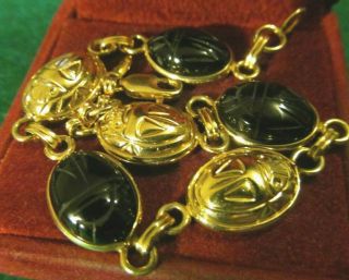 Gorgeous Vintage Egyptian 14k Gold Filled Onyx Carved Scarab Bracelet