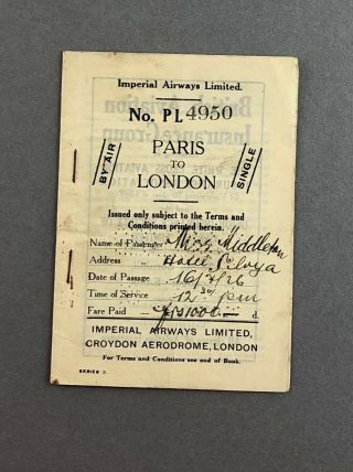 Imperial Airways Vintage Airline Ticket Paris - London 1926