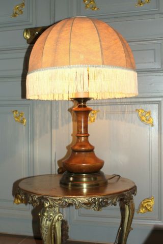 Large Antique French Vintage Solid Wood Table Lamp Light With Shade