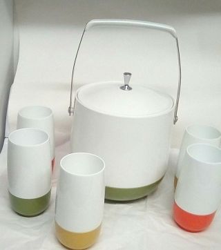 Vintage Retro Modern Thermos Insulated Ware Ice Bucket Plus 5 Cups