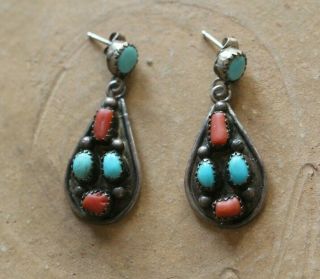 Vintage Native American Navajo Sterling Silver Turquoise Coral Dangle Earrings