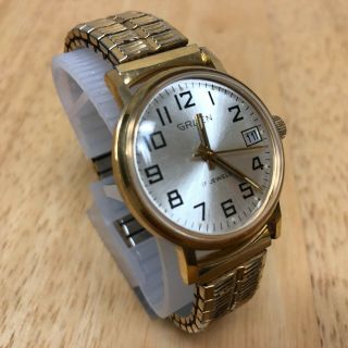 Vintage Gruen Men Lady Gold Tone Stretch Band Hand - Winding Mechanical Watch Hour
