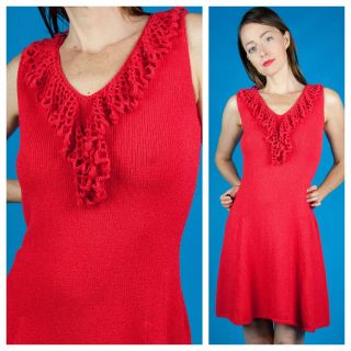 Red Crochet Vtg 60s Mod Acrylic Knit Mini Sweater Scooter Dress Cute S/m