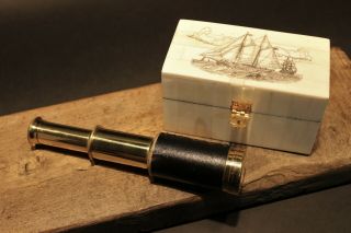 Vintage Antique Style Schooner Sail Ship Bone & Wood Scrimshaw Box W Telescope