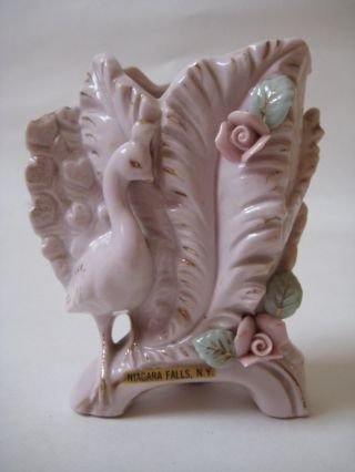 Vtg Niagara Falls Ny Souvenir Porcelain Pink Peacock Vase Art Nouveau Antique