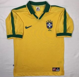 Vtg 90s Nike Brazil Cbf Mens Yellow/green National Soccer Team Jersey Sz Small