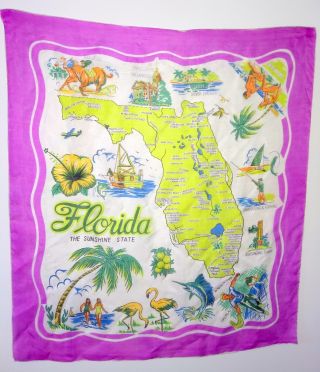 Vintage Hand Rolled Rayon/silk Florida State Map Scarf 31 " X35 " Pre Disney 1950 