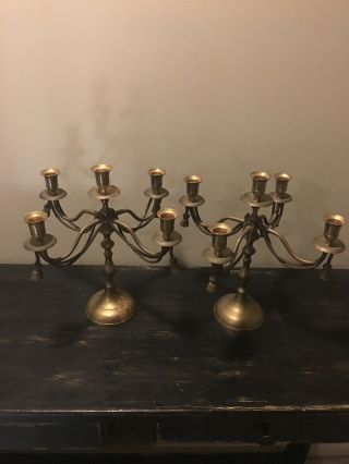 Vintage Brass Candelabra 5 Candle 4 Arm Candlestick Holder Pair 2