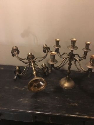 Vintage Brass Candelabra 5 Candle 4 Arm Candlestick Holder Pair 7