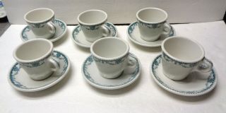 6 Vintage Mayer China Restaurant Ware Marion Green Transferware Cups & Saucers