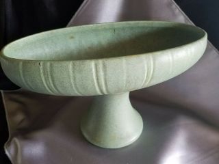 Mccoy Floraline Oval Pedestal Bowl Planter 463,  Satin Jade Green Vtg Pottery
