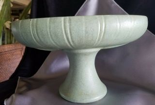 McCoy Floraline Oval Pedestal Bowl planter 463,  Satin Jade Green vtg pottery 2