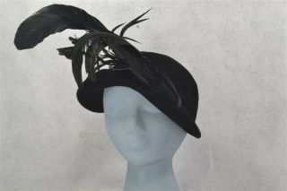 Hat Black Wool Plush Feather Cloche France Ny 22.  5 " Women 