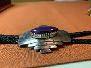 Art Deco Look Vintage Bolo Tie Signed Navajo Alliso Sterling Silver Purple