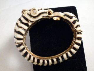 Vintage Unsigned Zebra Hinged Bangle Bracelet Black & White Enamel Rhinestone