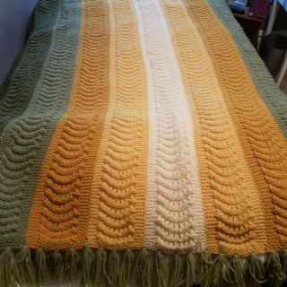Vintage Green Handmade Afghan Knit Stripes Blanket Sofa Throw Twin Bedspread