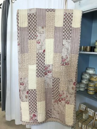 Vintage Rose Patch Quilt.  Pink And Tan Roses.  91x107 Shabby Chic