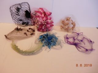 7 Vtg 1950 - 60s Ladies Assorted Color Net Netting Hats Feathers Velvet Bows Flowe