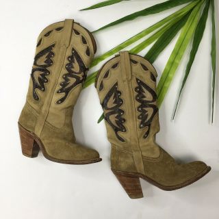 Vtg Miss Capezio Tan Suede Butterfly Boots Sz 6.  5 Cowboy Cowgirl Boots 70s 80s